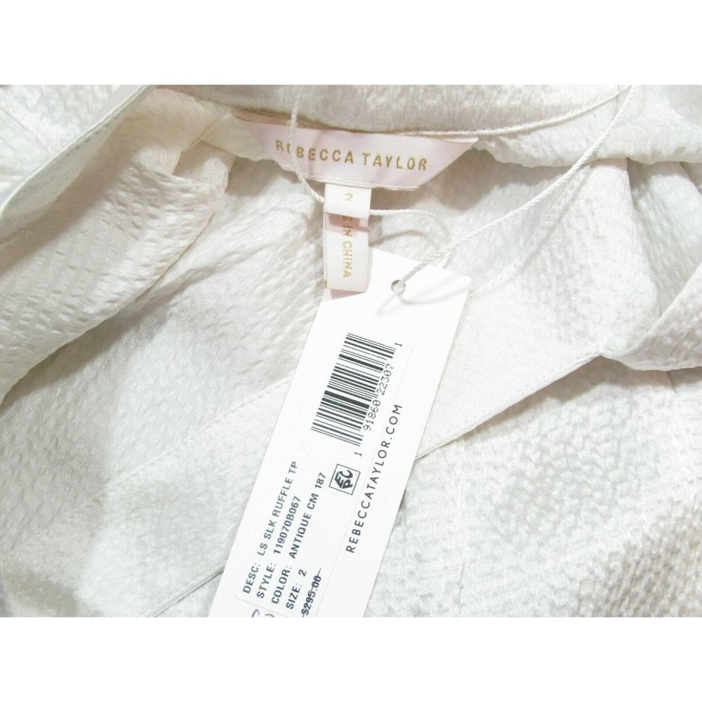REBECCA TAYLOR Size 2 Ivory Long Sleeve Ruffle Hammered Silk V neck Blouse Top - Picture 4 of 4
